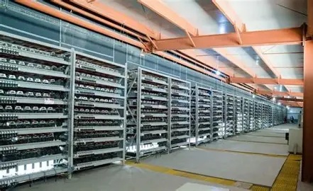 A sprawling view of a large-scale mining farm, showcasing rows of mining rigs and cooling systems.